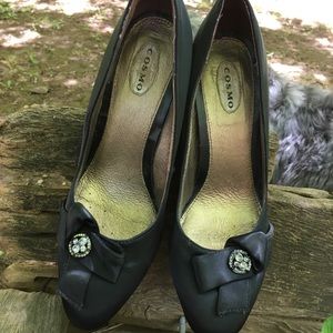 Black Satin Pumps with Aquamarine Jewels